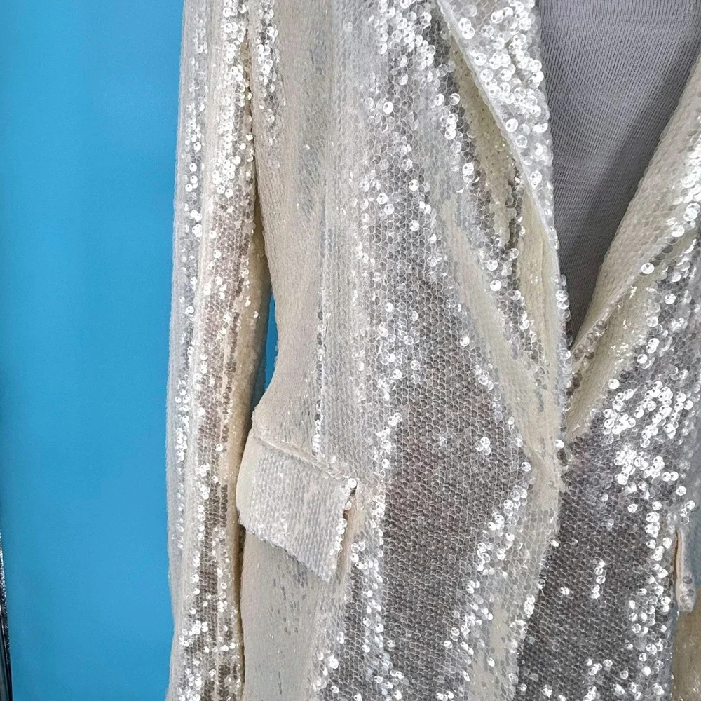 Donnee Par Dieu Cream Sequin Blazer Jacket Large Champagne Sparkle 22161-T‎